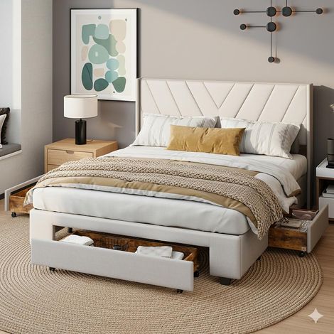 Lit 140x200cm - Lit Double / Cadre de Lit 140x200 - avec Tiroirs de Rangement - Lin Beige (1/5)