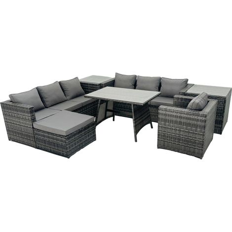 Fimous Rattan Dining Table Sofa Set with 2 Side Table Big Footstool Outdoor Garden Furniture Set Dark Grey Mixed (1/5)