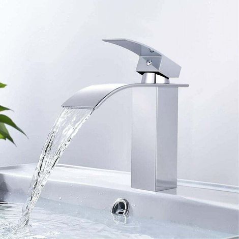 Waterfall Basin Faucet, Brass Bathroom Faucet, Basin Mixer Tap with Large Water Outlet, Hot and Cold Water Available DBWF01BT MUMU (1/4)