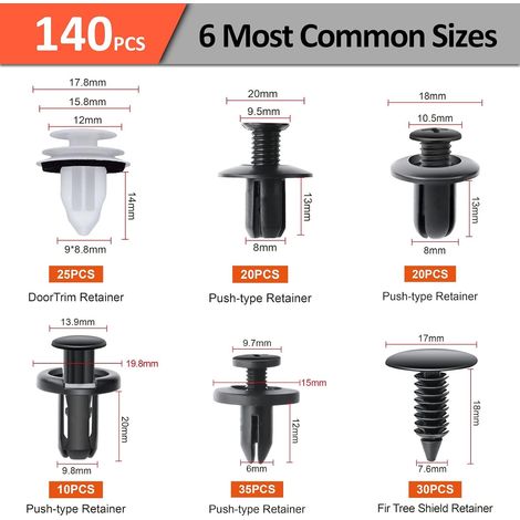 Rivet Clips Plastique,140pcs 6 Tailles Rivets Fixation de Protection, Clip Universel pour Auto Voitures Panneaux de Portes (1/5)
