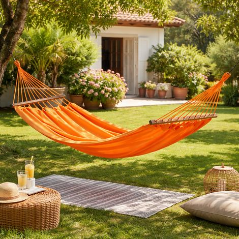 Couleurs Du Monde – Hamac 1 place en 100% coton orange mangue – Barres d'écartement – 200 cm x 135 cm – Charge maximale 120 kg (1/2)