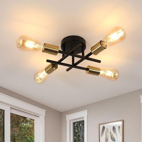 Ceiling Chandelier, 4 E27 Lights, Retro Industrial Design, Black and Gold Metal Frame, For Living Room, Kitchen, Bedroom (1/5)