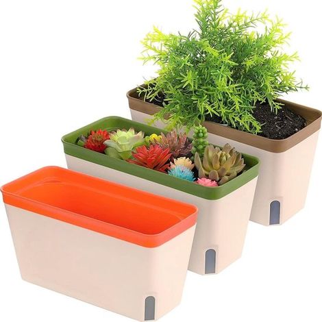 Macetas autorriego, 27 cm, plástico, maceta, bonsáis, macetas, aloe, hierbas, orquídeas, ventana para ver el nivel del agua, plato, 3 piezas (1/5)