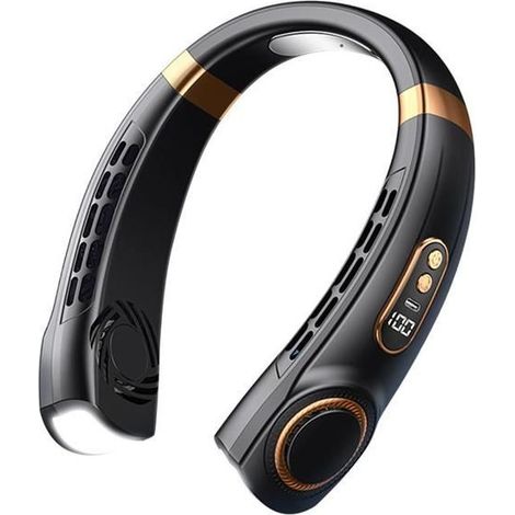 Ventilateur cou portable 5 vitesses – 4000 mAh, LED, lumières multicolores – Rechargeable – Noir (1/5)