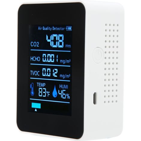 Détecteur de qualité de l'air 5 en 1 : mesure en temps réel du CO2, des COVT et du HCHO, moniteur de température et d'humidité, appareil portable de mesure du dioxyde de carbone (blanc). (1/5)