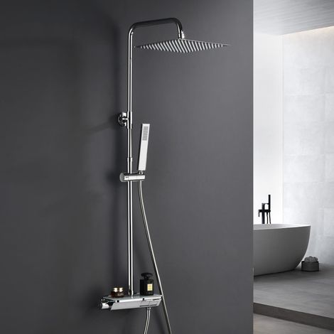 Colonne de douche avec robinetterie, acier inoxydable système de douche avec barre de douche réglable hauteur, pommeau pluie 20x20 cm et mitigeur thermostatique, Chromée (1/5)