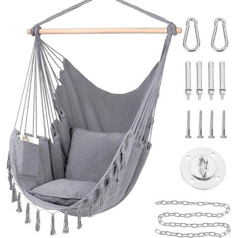 Chaise hamac en corde suspendue, balançoire en corde suspendue avec 2 oreillers, sac de transport et kit de matériel, parfaite pour l'extérieur/intérieur, terrasse, terrasse et jardin, capacité de 300 (1/5)