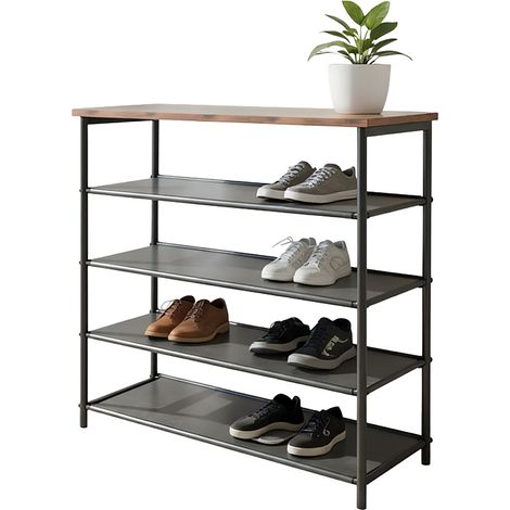 Relaxdays shoe rack, HxWxD: 75x75x30 cm, 4 non-woven shelves for 12 pairs, top shelf, industrial, black/brown