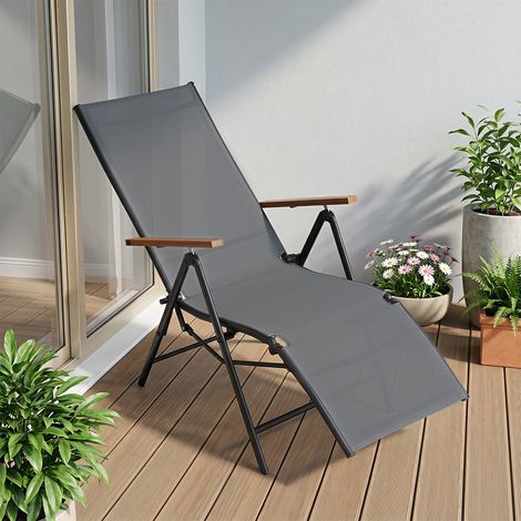 Fauteuil relax pliant gris avec dossier réglable sur 6 positions, tissu respirant et charge 150 kg, pour jardin, balcon et terrasse (1/5)