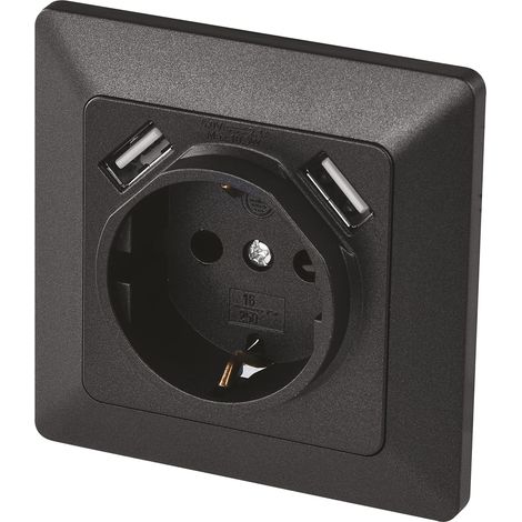 Emos A6000.3 Presa da Incasso con 2 Porte USB Schuko, Sistema 55, 5 V/2,1 A, per Ricarica Cellulare o Smartphone, Colore  Antracite (1/5)