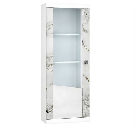 Vitrine gauche 1 porte avec leds laqué blanc et imitation marbre - ETOLIS (1/3)