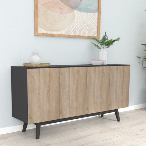Sideboard HOME 4 Türen 2 Schubladen / Schwarz und Eiche gebleicht/ 160x42x80 cm