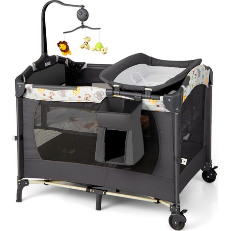Pour Bébé Pliage Facile et Mobile Lit Parapluie et Parc 3 en 1 avec Barre Réglable 3 Niveaux, Jouets et Freins Gris Foncé (1/5)