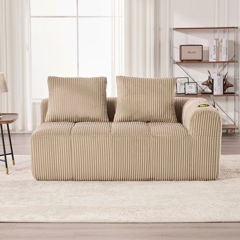Canapé 2 places en velours côtelé 158 cm, coussins doux, poches latérales, porte-gobelets,Kaki (1/5)