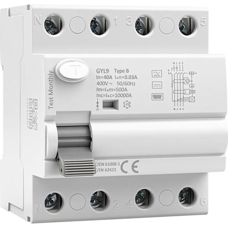 Disjoncteur différentiel 30mA Type B interrupteur différentiel 40A 30mA 3P+N 10kA RCCB disjoncteurs de courant résiduel AC400V convient aux stations de recharge et aux équipements industriels GYL9 (1/5)