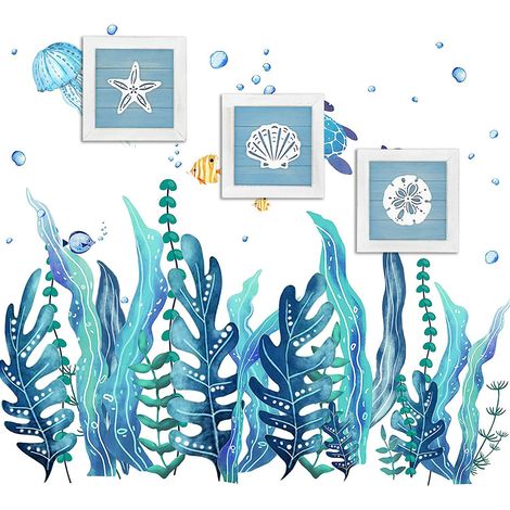 Décoration murale 3D sur le thème de l'océan et de la plage, avec étoiles de mer, coquillages et dollars des sables, style vintage pour salle de bain ou maison de plage. (1/5)