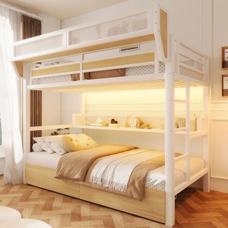 Etagenbett 90x200 cm Metall & MDF Weiß mit Stauraum und LED, ohne Matratze – MEUBLIV (1/5)
