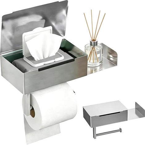 Toilettenpapierhalter mit Feuchttuchbox, Toilettenpapierhalter ohne Bohren, Toilettenpapierrollenhalter mit Ablage, selbstklebend oder zum Anbohren, für Toilette, Badezimmer, Küche, Edelstahl (1/5)