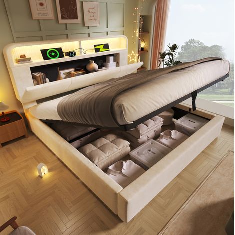 Lit coffre 140x190 cm LED avec tête de lit beige OKMYHOME (1/5)