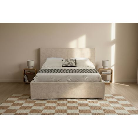Lit coffre double tissu chenille beige sommier relevable 160x200 cm OLIVIA