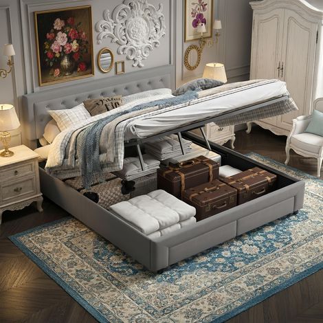 Canapé abatibel 180x200 cm, cama con cabecero capitonnée y rangement, sistema de almacenamiento de eelvación hidráulica, con 2 cajones en bot de cama, terciopelo, somier de láminas - Gris