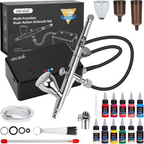 Kit d'Aérographe avec Compresseur 32 PSI, Ensemble d'Aérographe Double Action Multifonction Rechargeable Portable avec Coffret de 11 Peintures pour Airbrush, pour Nail, Peinture, Modelisme (1/5)