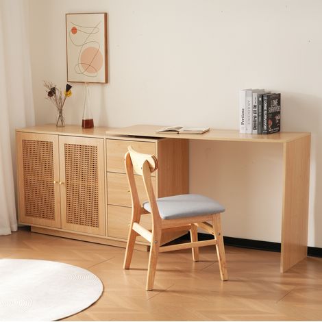 Scrivania angolare con piano girevole a 360° - Mobile contenitore in rattan naturale e tavolo da lavoro modulabile - Per smart working - Stile boho chic - Legno naturale - 126 cm