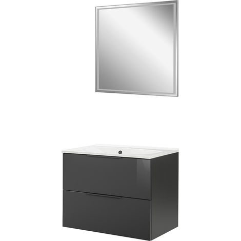 Fackelmann LUNA Badmöbel Set 3-teilig, 80 cm breit, Anthrazit, Gussmarmor, LED Spiegel"-"90260145 (1/4)