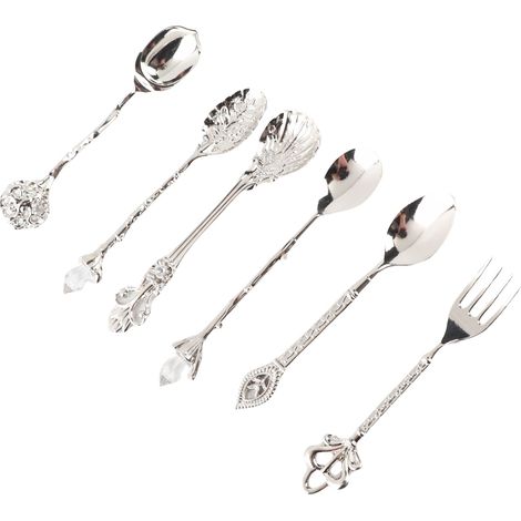 6-teiliges Set Innovatives Vintage-Retro-Besteckset aus Zinklegierung, Löffel und Gabel, Küchenaccessoire, Silber (Gabelgriff mit Krone) (1/5)