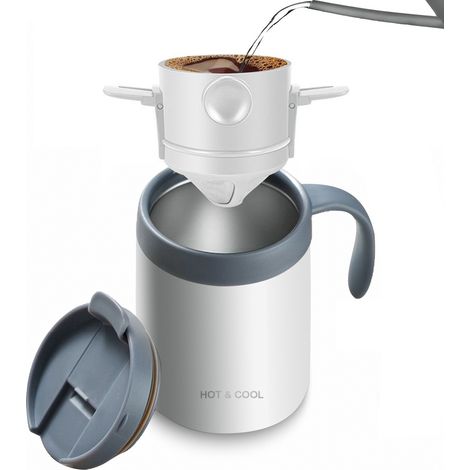 Mug isotherme blanc + gobelet égouttoir (ensemble de deux pièces)Tasse à café filtre portable en acier inoxydable, mug isotherme, tasse de voyage portable pour une utilisation à la maison, ensemble de (1/5)