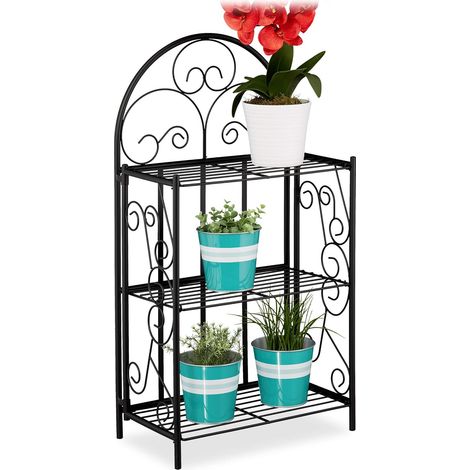 Étagère extérieure Jardin, Pliable, 3 Niveaux, Balcon, Jardin & intérieur, métal, HLP 83 x 44,5 x 25 cm, Noir (1/5)