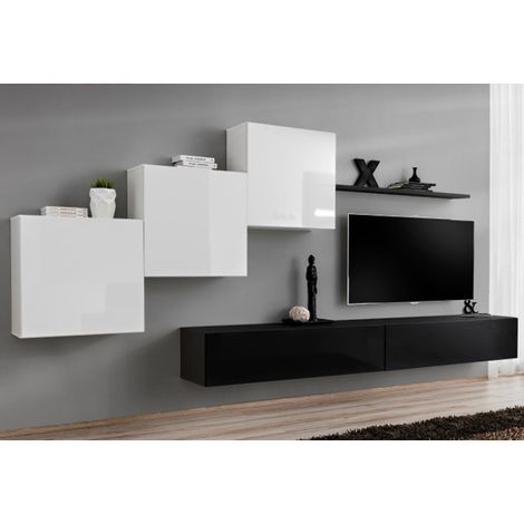 Meuble TV Mural Design "Switch X" 330cm Blanc & Noir (1/5)