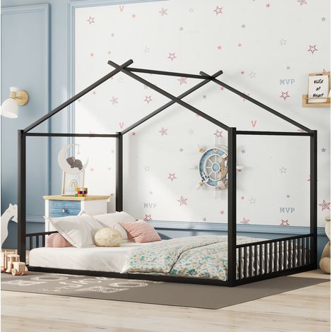 Cama infantil 140x200 cm de metal negra, tipo casa, para niños, sin colchón – MEUBLIV (1/5)