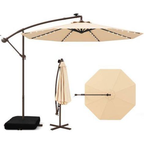 Structure Métal et Toile 180g Parasol Déporté 300cm Inclinable 40 LED Solaires Terrasse Jardin Beige (1/5)