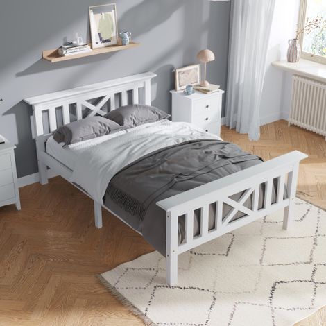 Holzbett Einzelbett aus Bettgestell mit Lattenrost Holzbett mit Kopfteil - 90 x 200 cm Massivholz Kinderbett Jugendbett Kiefer massiv Weiß