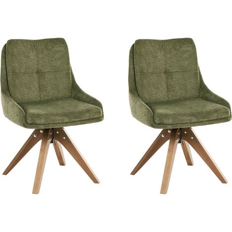 Set of 2 Swivel Dining Chairs Green Fabric Upholstery Metal Rotating Wooden Legs Base DORRIS (1/5)
