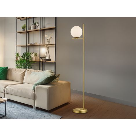 Design LED Stehleuchte in Messing matt mit Lampenschirm Kugel Opalglas, H: 150cm (1/5)