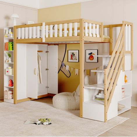 lit chambre adulte rangement 90x200 bois blanc escalier OKMYHOME (1/5)