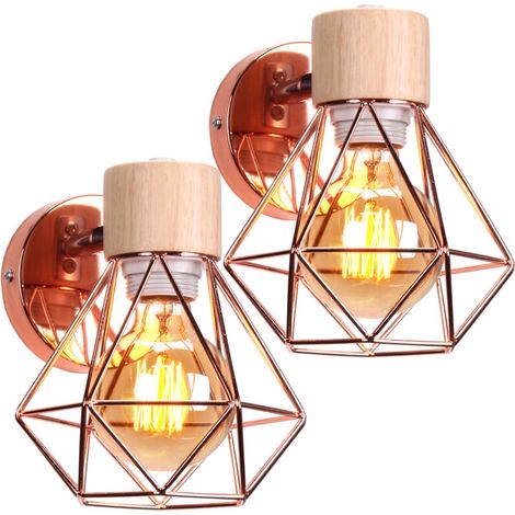Applique Murale Fer Forgé Bois E27 – Lampe diamant – Or Rose – 2 pièces – Pour chambre ou salon