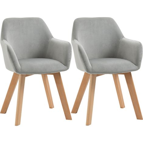 Lot de 2 chaises de salle à manger avec accoudoirs et dossier, assise en velours gris, pieds en bois (1/5)