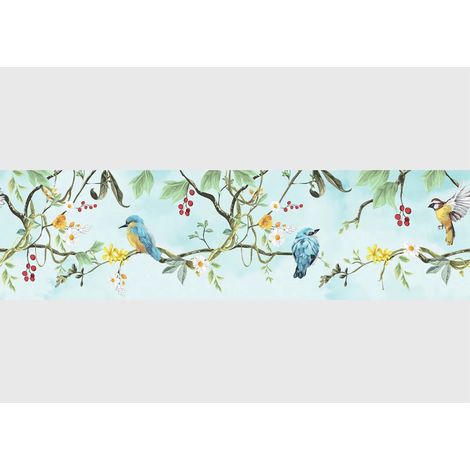 Frise auto-collante au fonds bleu avec des oiseaux de printemps (1/5)