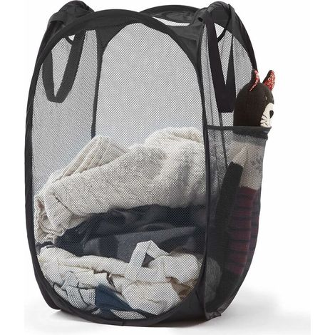 Pop-up-Wäschekorb aus Netzgewebe mit robusten Griffen – tragbarer, faltbarer Wäschekorb für Wohnheim, Badezimmer und Reisen (schwarz), von DEBUNS (1/5)