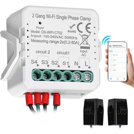 Compteur d'énergie photovoltaïque solaire bidirectionnel Tuya WiFi, monophasé, à pince, 80 A, à deux emplacements, contrôlable via une application mobile, avec transformateur de courant (1/5)