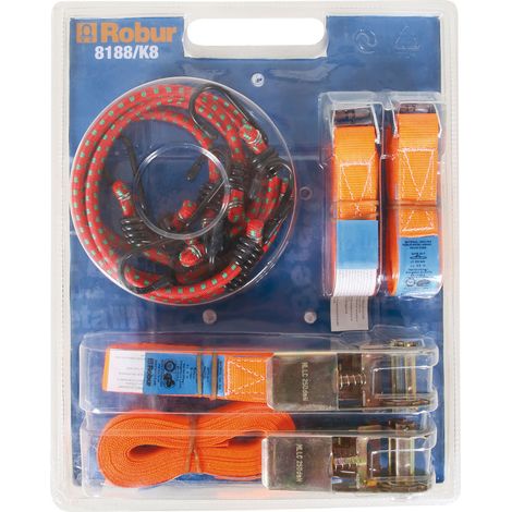 Kit Fasce serraggio a cricchetto e funi elastiche 8 pezzi 8188/K8 ROBUR