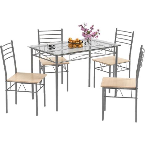 COSTWAY Set Tavolo e Sedie da Pranzo Moderno 5 pezzi, Tavolo Rettangolare da Cucina in Vetro e 4 Sedie con Struttura Metallica Antigraffio, Set di Mobili da Cucina e Sala da Pranzo Salvaspazio (1/5)