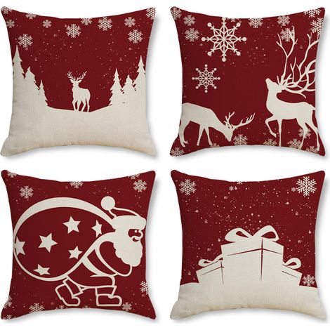 Lot de 4 Housses de coussin, 45x45 cm, lin rustique, motif Noël, fermeture éclair invisible, pour canapé (1/5)