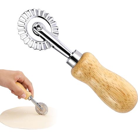 1 Rouleau à pâte, bord dentelé, aluminium, manche en bois, cuisine, pâtisserie, raviolis (1/5)