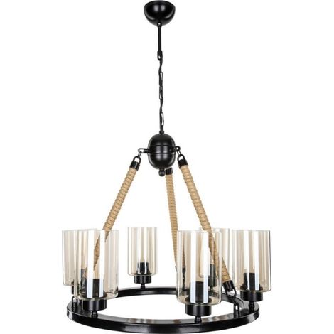 Lámpara de techo estilo retro detalles de cuerda negra 6 puntos de luz - Lotus ASZ0686 (1/4)