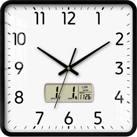 Horloge Murale Carrée 35 cm fond blanc cadre noir avec écran LCD Quartz Silencieuse 38 × 38 × 8 cm 1,35 kg – Livraison gratuite