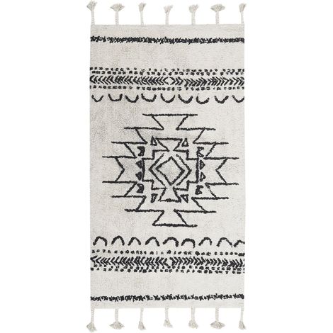 Tapis Moderne en Coton à Motifs avec Franges 80 x 150 cm Blanc et Noir Khouribga (1/5)